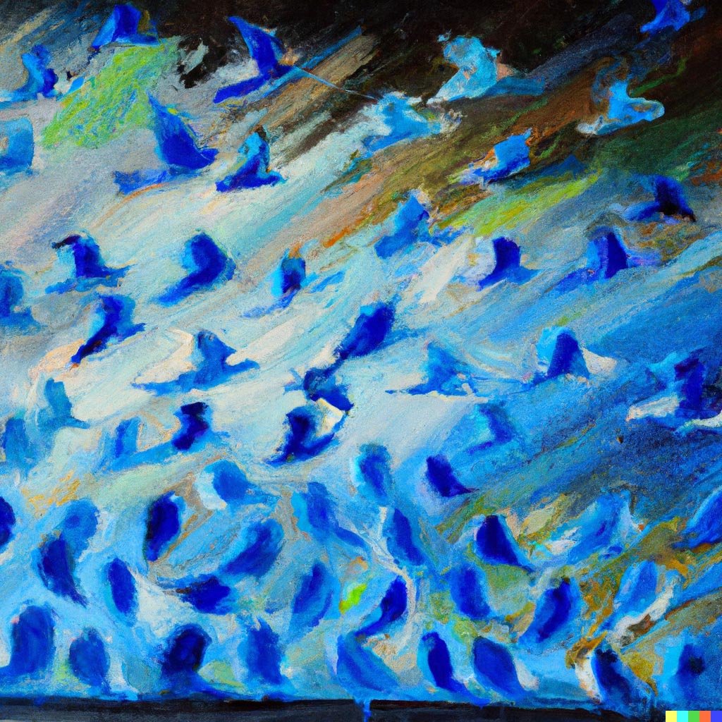 DALL·E prompt: an impressionist oil painting of hundreds of blue twitter birds flying out of a computer monitor